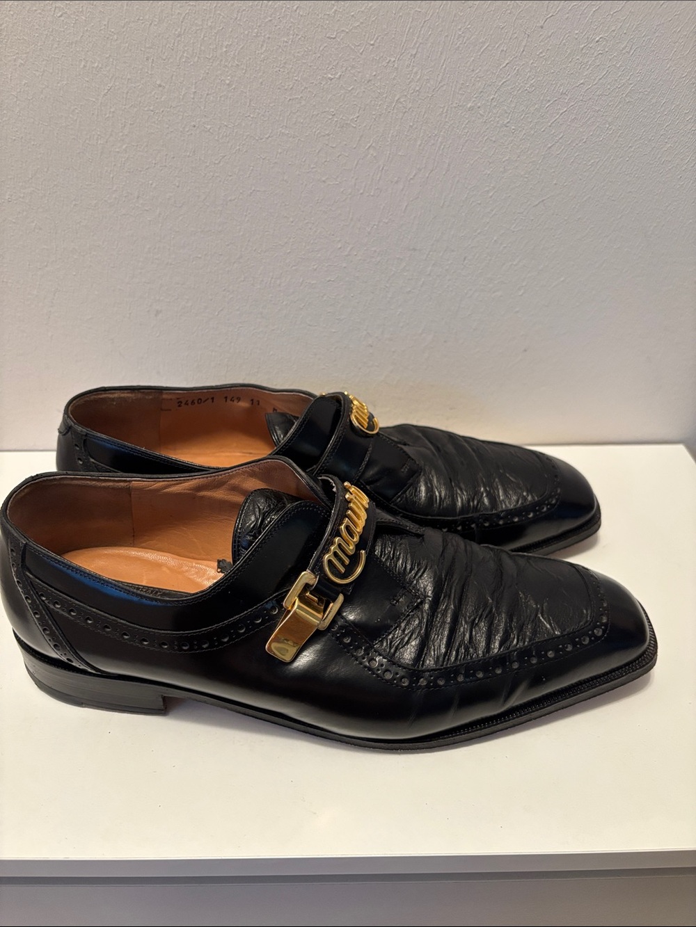 Men's Italian Black Leather Dress Loafers with Gold Accent MAURI 11 - Picture 5 of 14